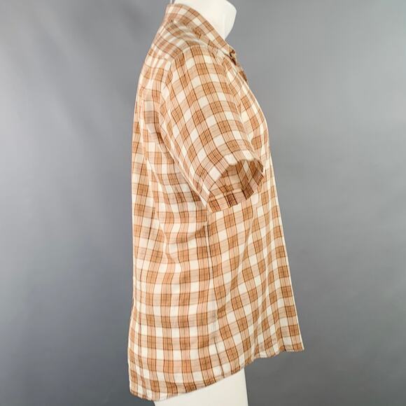 DRIES VAN NOTEN Size M Cream Brown Black Plaid Cotton Sheer Short Sleeve Shirt - Picture 3 of 7